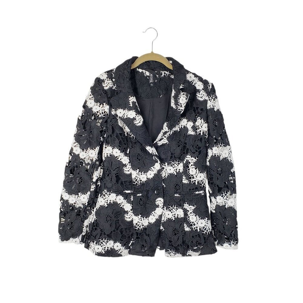 Berek Black White Striped Lace Sheer Sleeve Blazer Jacket Womens Small